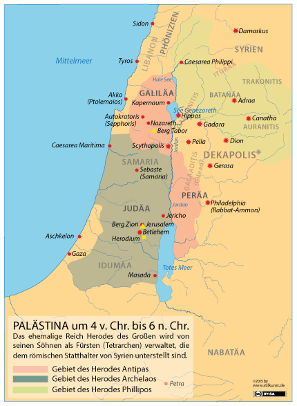 Karte Palästinas zwischen 4 v. Chr. und 6 n. Chr.