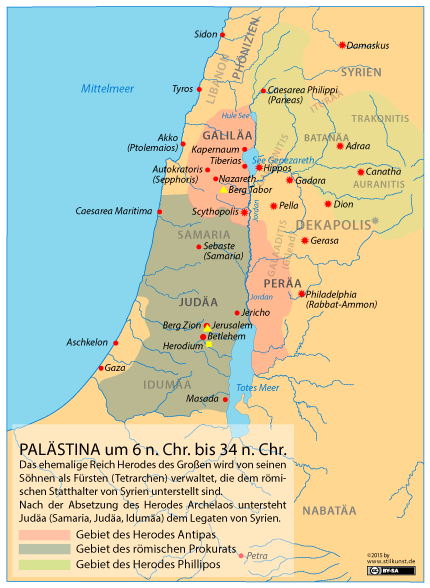 Karte Palästinas zwischen 6 n. Chr. und 34 n. Chr.