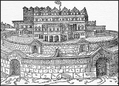 Holzschnitt, Bild zu: Das 1. Buch der Könige, Kapitel 7, Bild 1: Der Palast Salomos