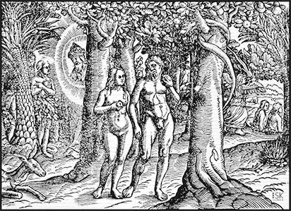 Holzschnitt aus: 1Mos 3, Adam und Eva