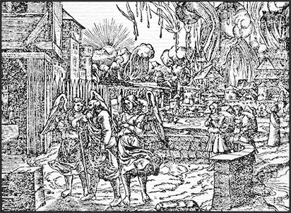 Holzschnitt, Bild zu 1. Buch Mose, Kapitel 19, Der Untergang von Sodom und Gomarra.