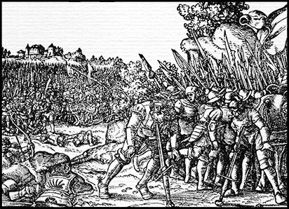 Holzschnitt, Bild zum 1. Buch Samuel, Kapitel 31: Sauls Tod in der Schlacht auf dem Gilboa