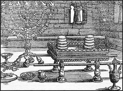 Holzschnitt, Bild zum II. Buch Mose, Kapitel 25: Der Leuchter und der Tisch mit dem Schaubrot für die Stiftshütte.