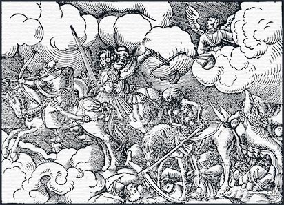 Holzschnitt, Bild C aus der Offenbarung des Johannes: Die apokalytischen Reiter