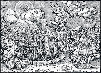 Holzschnitt, Bild M aus der Offenbarung des Johannes: Die Vision der fünften Posaune