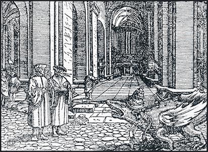 Holzschnitt, Bild P aus der Offenbarung des Johannes: Die Vision von der Vermessung des Tempels