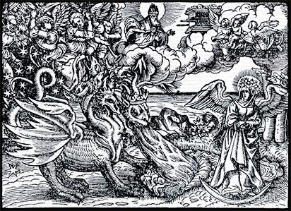 Holzschnitt, Bild Q aus der Offenbarung des Johannes: Die Vision von der Frau und dem Drachen