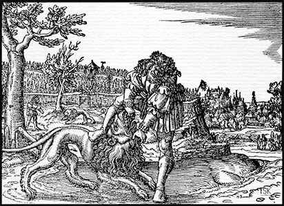 Holzschnitt, Bild zum Buch der Richter, Kapitel 14: Simsons Kampf mit dem Löwen