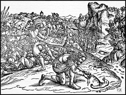 Holzschnitt, Bild zum Buch der Richter, Kapitel 15: Simson und der Unterkieferknochen eines Esels